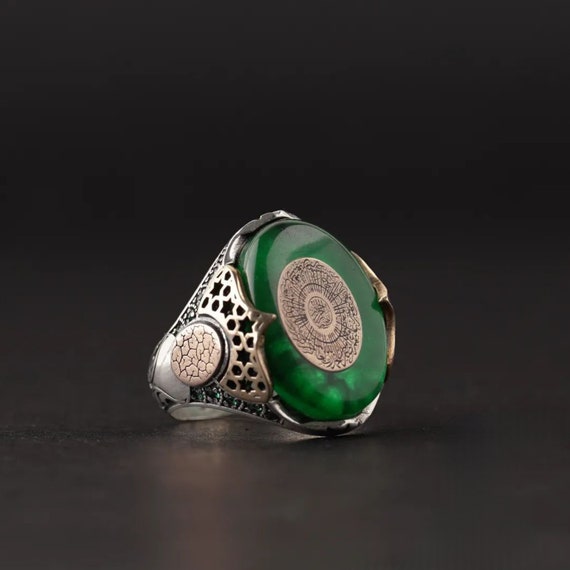 Green Amber Sterling Silver Mens Ring: Islamic Jewelry, Surah Fatiha Engraved
