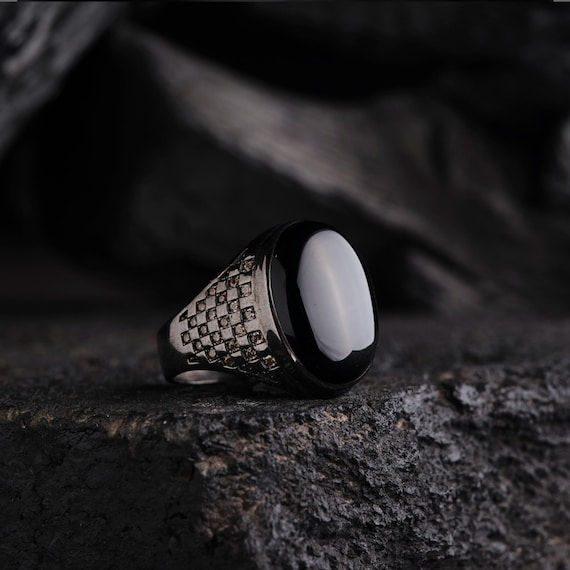 Sterling Silver Black Onyx Ring: Engraved Detail, Handmade
