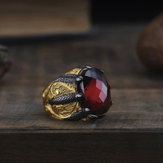 Red Zircon Silver Men’s Ring – Gold Plated Claw Setting Handmade Statement Ring