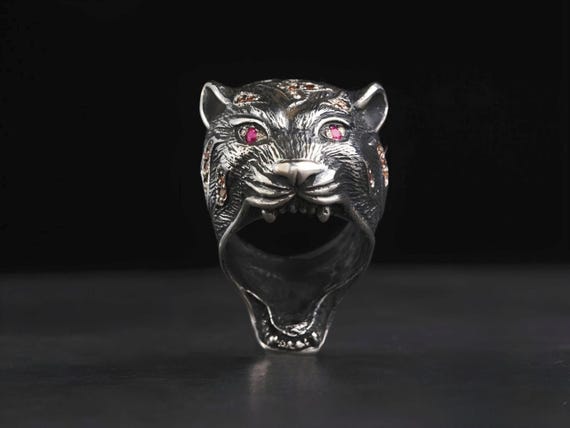 Handmade Sterling Silver Lion Ring: Zircon Stone Animal Jewelry