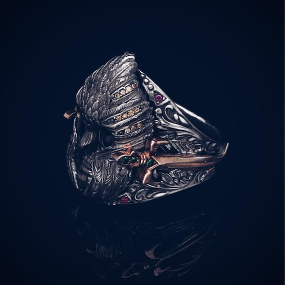 Medieval-Inspired Warrior Knight Skull Ring with Colored Zircon Stone - Men's Silver Jewelry