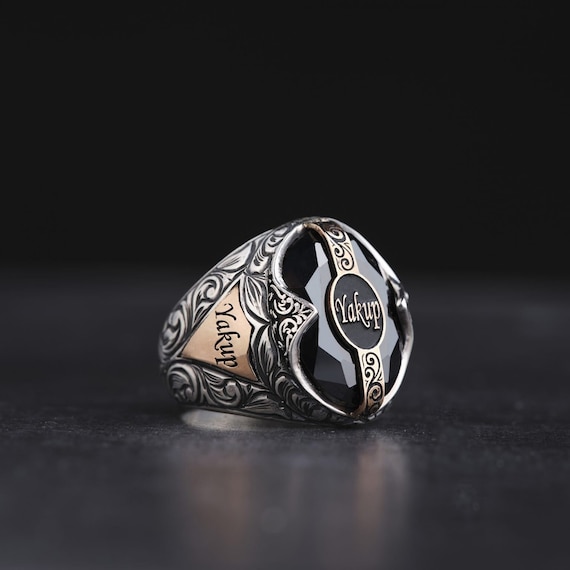 Handcrafted Black Onyx Sterling Silver Ring - Personalized Engraved Design