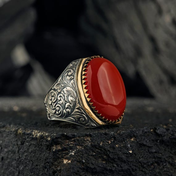 Engraved Brown Agate Sterling Silver Men's Ring - Handmade