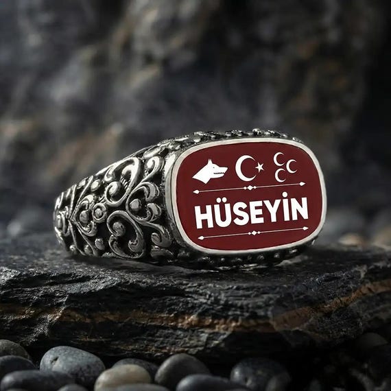 Personalized Wolf Ring, Custom Name Silver Men Band