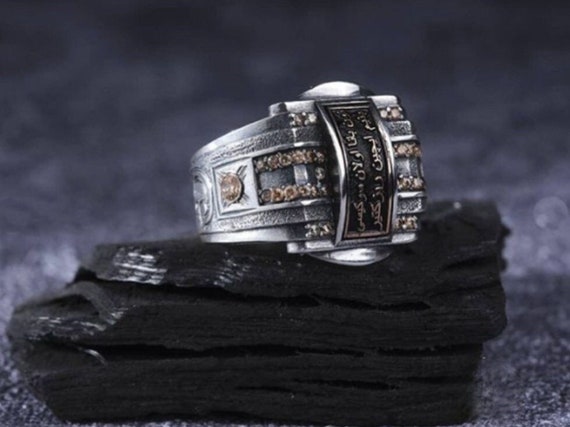 Sterling Silver Men's Ring: Arabic Inscription, Zircon Stones