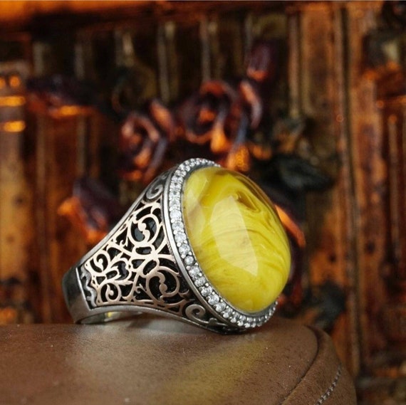 Honey Amber Sterling Silver Men's Ring: Zircon Ottoman Design