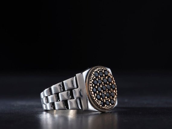 Black Zircon 925K Sterling Silver Men's Ring - Handmade Adjustable Engagement Ring