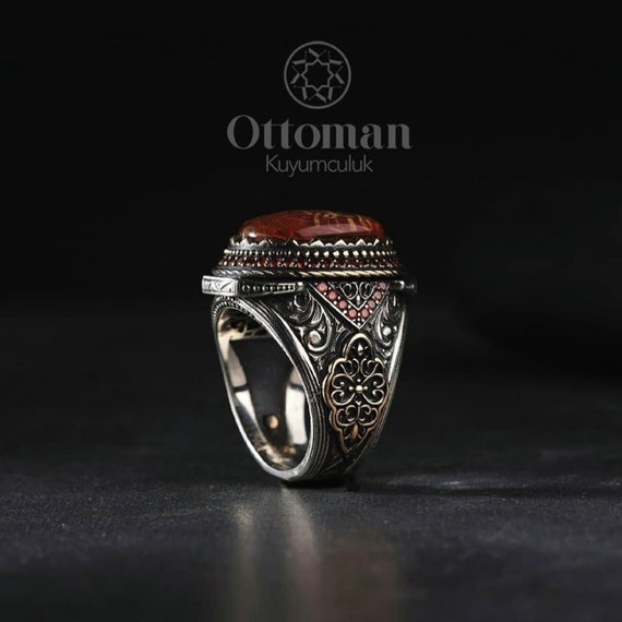Peace Red Amber Stone Oval Silver Men s Ring Carved Ring Micro