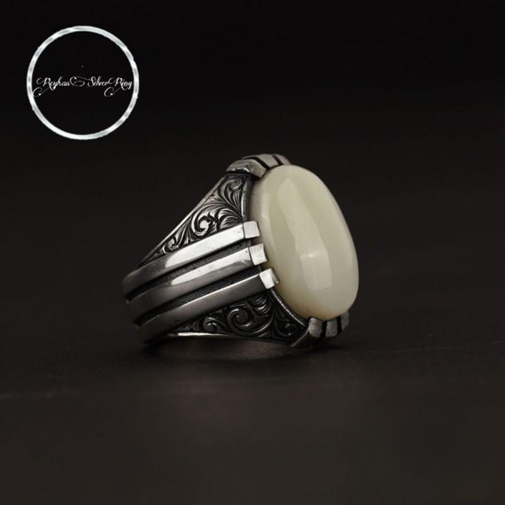 Engraved Sterling Silver Mother of Pearl Ring: Turkish Handmade Jewelry