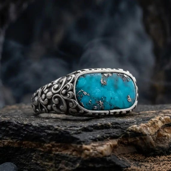 Turquoise Stone Silver Band Ring, Mens Sterling Silver