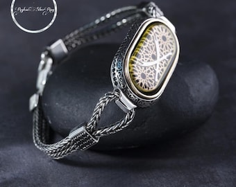 Engraved Zulfiqar Sword Yellow Amber Sterling Silver Bracelet