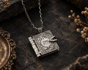 Silver Book Locket Necklace, Wolf Pendant, Turkish Personalized Jewelry Gift