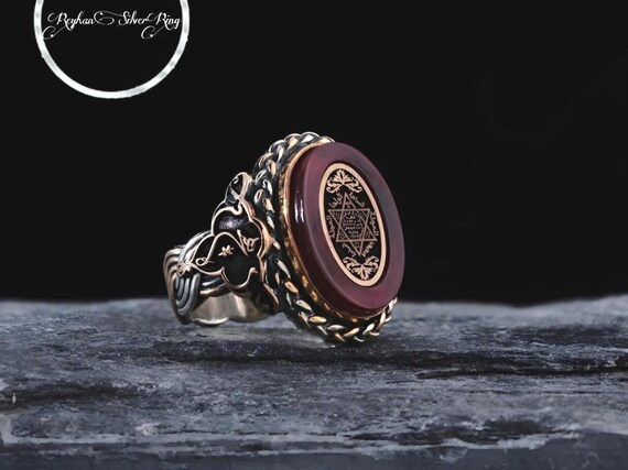 Red Amber Sterling Silver Ring: Islamic Seal, Customizable Gift