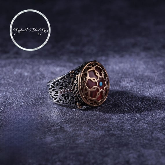 Handcrafted Red Amber Stone Shield Ring: 925 Sterling Silver Men's Jewelry