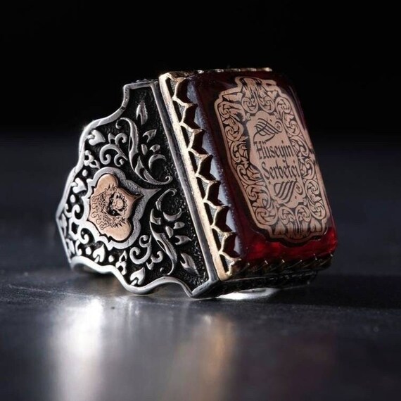 Handmade 925 Silver Men's Ring with Red Amber - Turkish Rectangle Name Ring