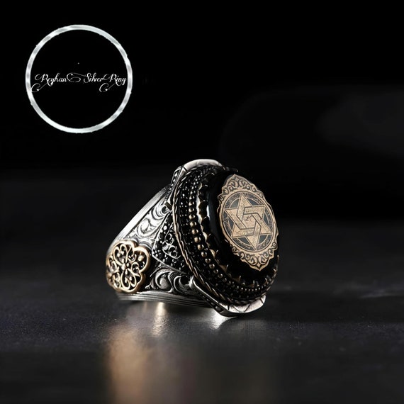 Hz. Suleyman Seal Sterling Silver Ring: Garnet & Amber Inlay