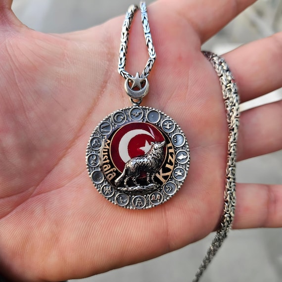 Personalized Sterling Silver Wolf Medallion Necklace: Crescent Moon Star Design