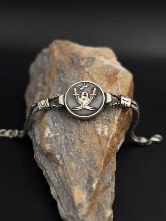 Personalized Zulfiqar Sword Bracelet for Men, Double-Sided 925 Sterling Silver Lion Bracelet, Imam Ali Jewelry