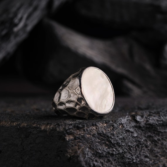 Sedef Stone Sterling Silver Men's Ring: Wall Pattern Engraved, Handmade