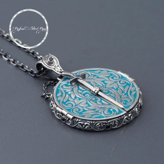 Sterling Silver Sword Necklace: Agate Stone, Enamel Islamic Prayer Jewelry