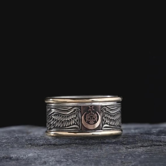 Ottoman Coat of Arms Spinner Ring, Silver Eagle Wing Men Band, Turkish Moon Star Rotating Ring, Silver Mens Wedding Band