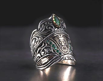 Adjustable 925 Silver Thumb Ring: Green Zircon, Ottoman Style