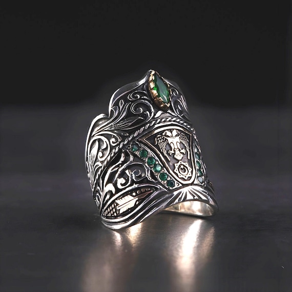 Adjustable 925 Silver Thumb Ring: Green Zircon, Ottoman Style