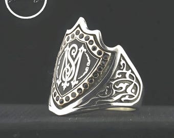Sterling Silver Knight Shield Ring: Black Zircon, Custom Initial Ring