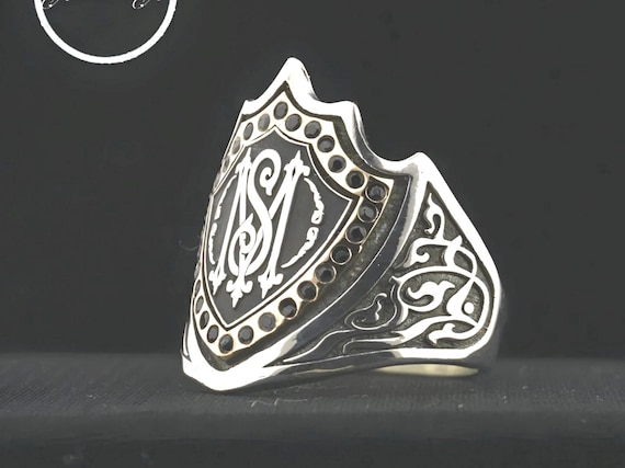 Sterling Silver Knight Shield Ring: Black Zircon, Custom Initial Ring