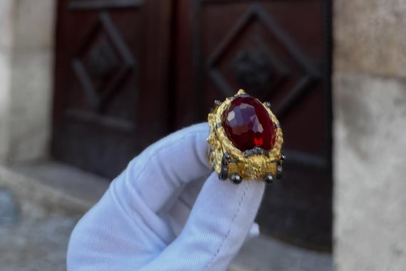 Gold Plated Sterling Silver Red Cubic Zircon Ring, Statement Men's Ring