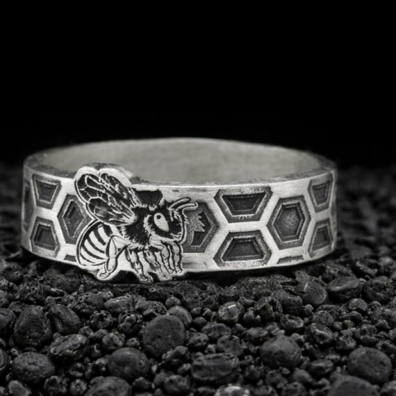 Handmade Sterling Silver Bee Honeycomb Ring, Unisex Abundance Symbol Jewelry