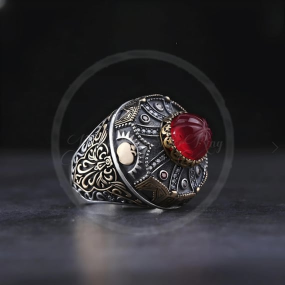 Otag Tent Model Fire Amber Ring - Ottoman and Turkish Culture Motif Silver Ring