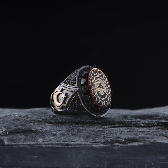 Seljuk Eagle Black Amber Sterling Silver Ring - Turkish Moon Star Design
