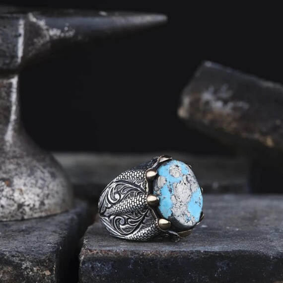 Turquoise Stone Sterling Silver Men's Ring – Handmade Engraved Design