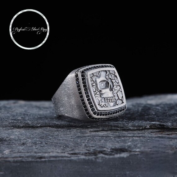 Handmade Sterling Silver Skull Ring with Black Cubic Zirconia
