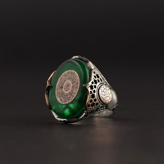 Green Amber Surah Ring, 925 Silver Islamic Jewelry for Men Gift