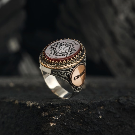 Handmade Agate Solomon Seal Ring: Engraved Sterling Silver Islamic Talisman
