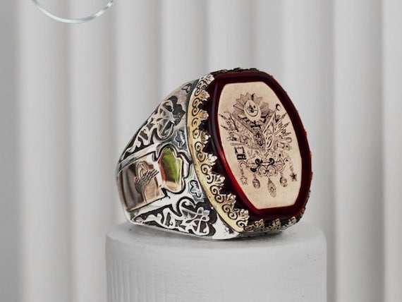 Ottoman Flag Sterling Silver Ring: Red Amber Stone, Handmade Design