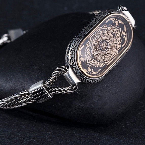 Handcrafted Sterling Silver Men's Bracelet: Black Inshirah, Fox Tail Chain