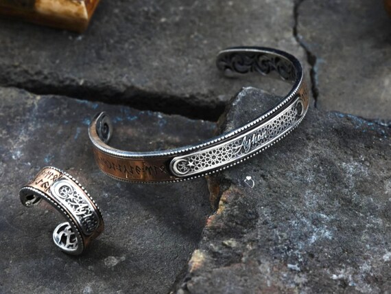 Men's Sterling Silver Cuff Bracelet Ring Set: Ottoman Moon Star Design