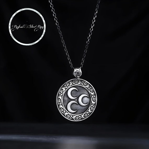 Sterling Silver Triple Crescent Pendant Necklace: Islamic Medallion Jewelry