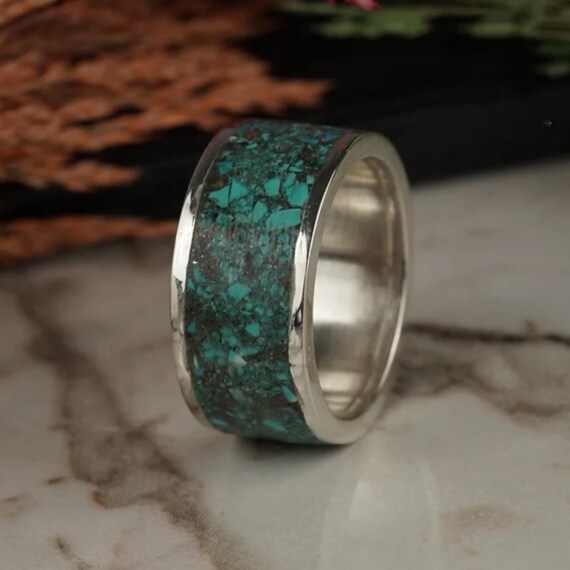 Handmade Sterling Silver Turquoise Ring: Natural Wedding Band