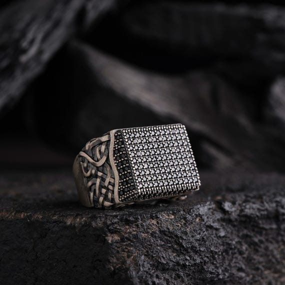 Square Black Topaz Sterling Silver Men's Ring: Ornate Micro Pave