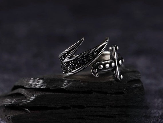 Handmade Sterling Silver Zulfiqar Sword Ring - Adjustable Black Zirconia