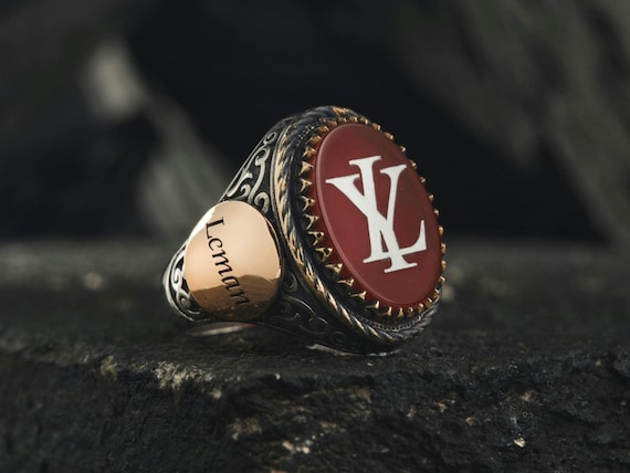 Handmade Sterling Silver Agate Ring: Engraved Initial Statement Ring