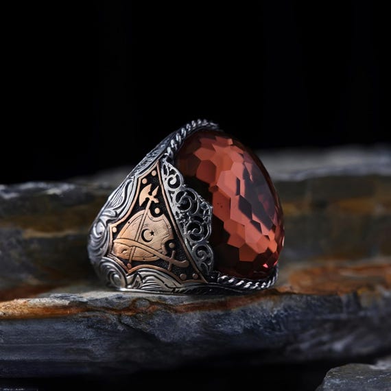 Handmade Silver Men's Ring with Diaspor Stone | Special Design with Seljuk Motifs