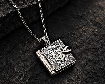 Personalized Silver Book Locket, Islamic Prayer Necklace, Photo Gift for Him
