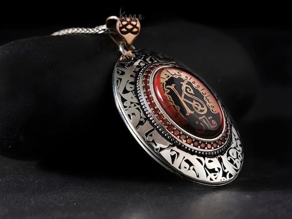 Red Amber Stone Sterling Silver Necklace: Personalized Name Carving, Zircon Accent