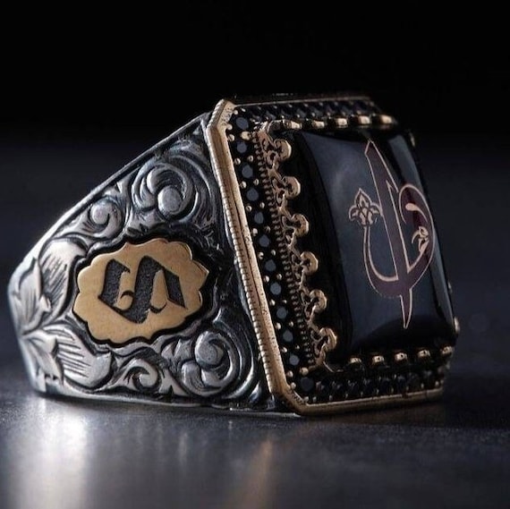 Elif Vav Inscription Black Amber Stone Sterling Silver Men's Ring