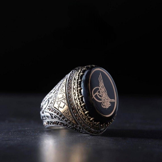 Ottoman Tuğra Black Amber Sterling Silver Men's Ring